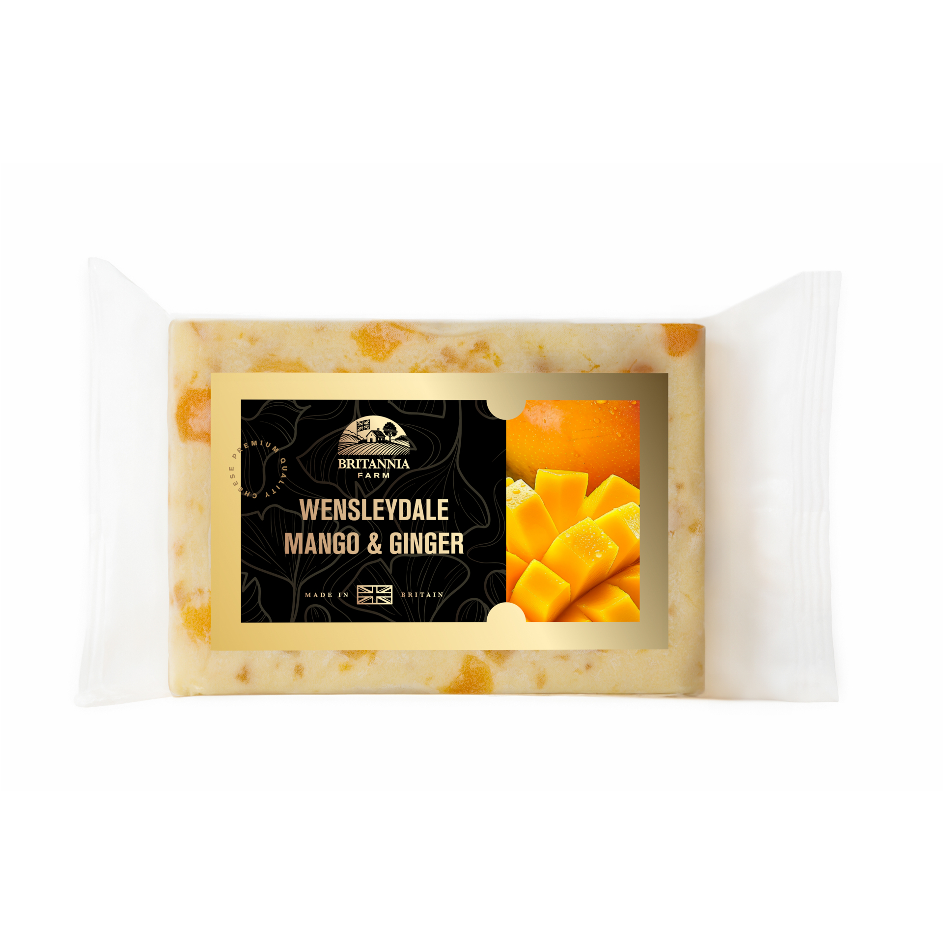 Wensleydale Mango & Ginger cheese block with visible fruit pieces – Britannia Farm