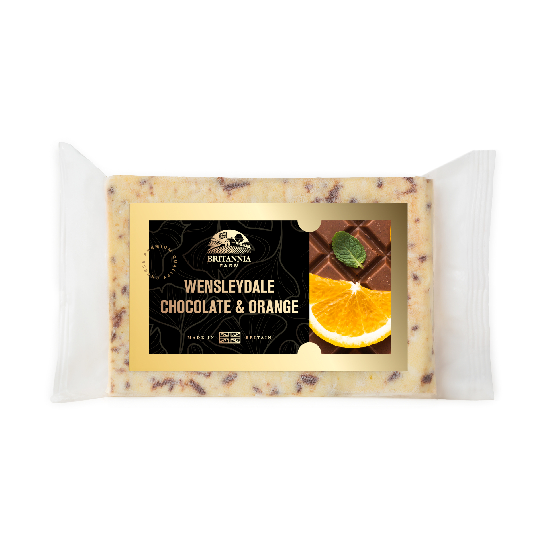 Wensleydale Chocolate & Orange cheese with cocoa flakes and citrus pieces