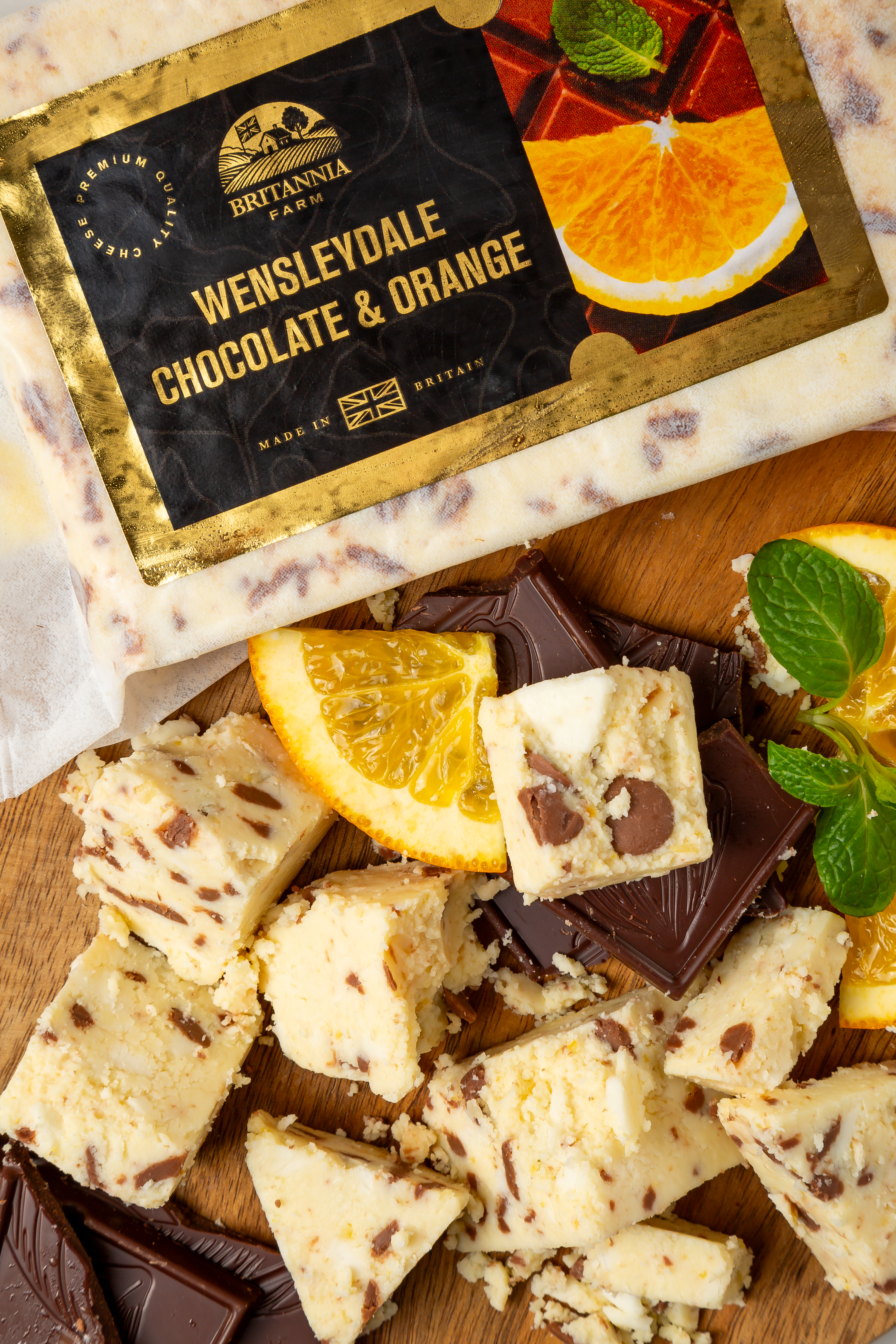 Wensleydale Chocolate & Orange cheese with cocoa flakes and citrus pieces