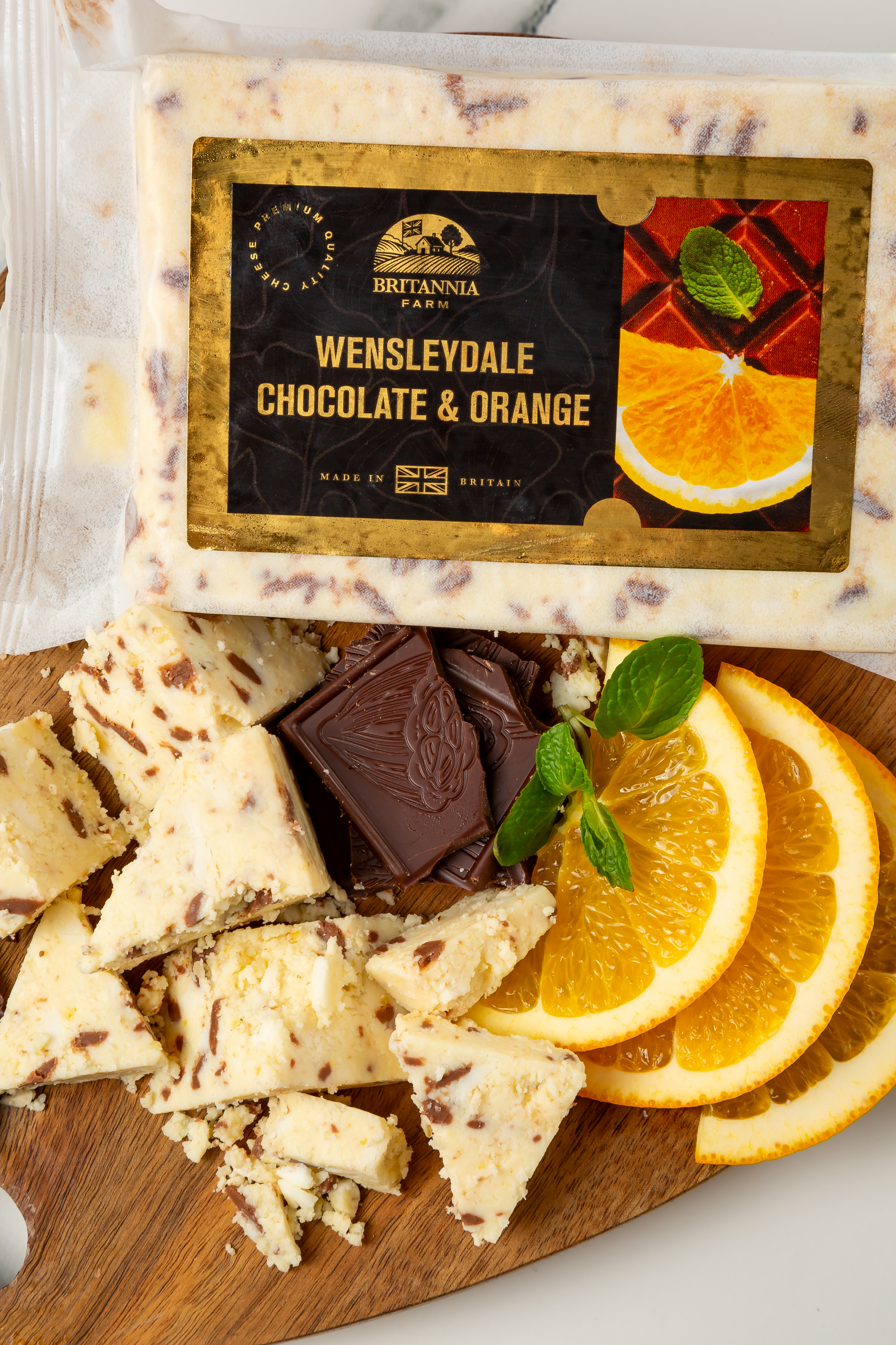 Wensleydale Chocolate & Orange cheese with cocoa flakes and citrus pieces