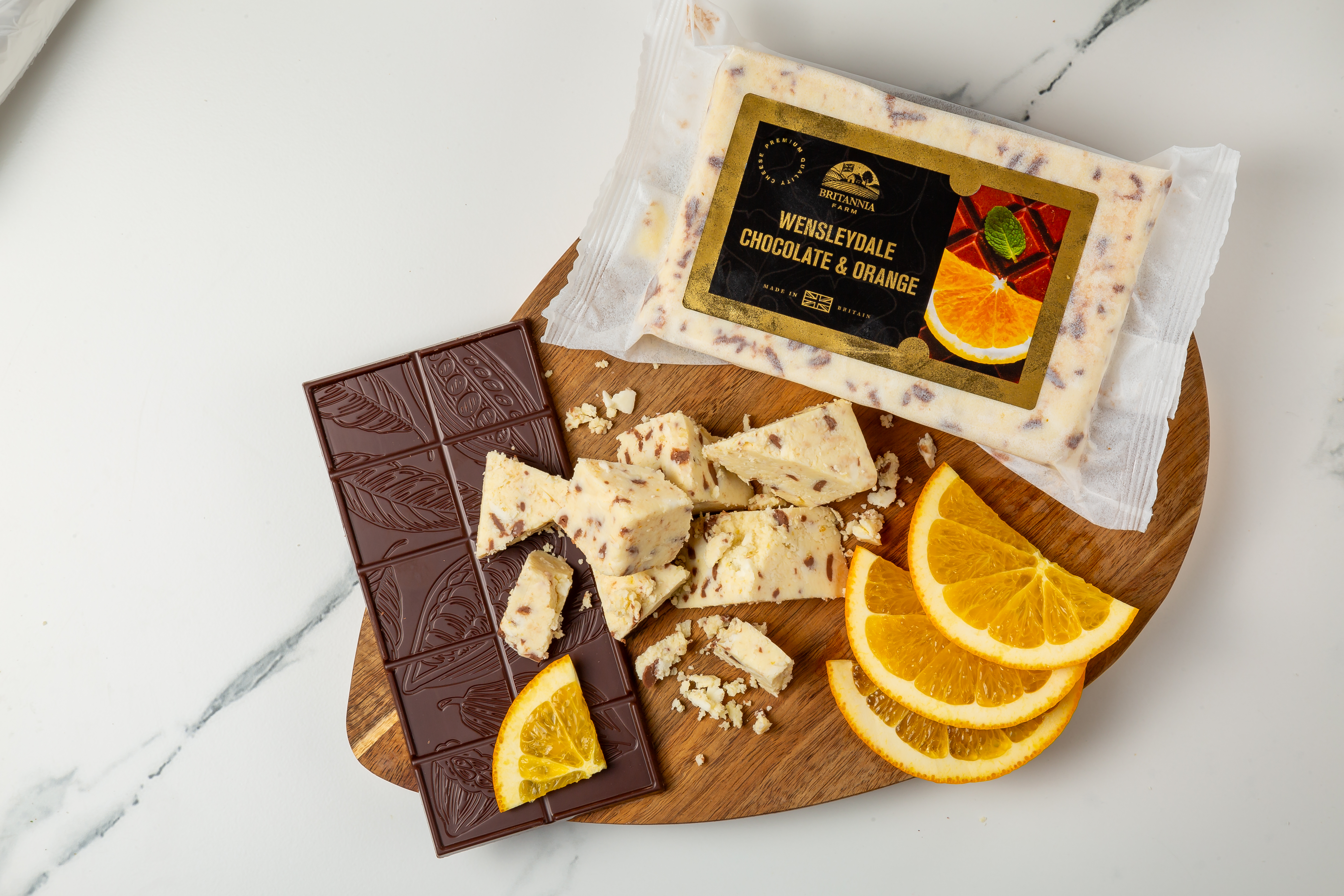 Wensleydale Chocolate & Orange cheese with cocoa flakes and citrus pieces