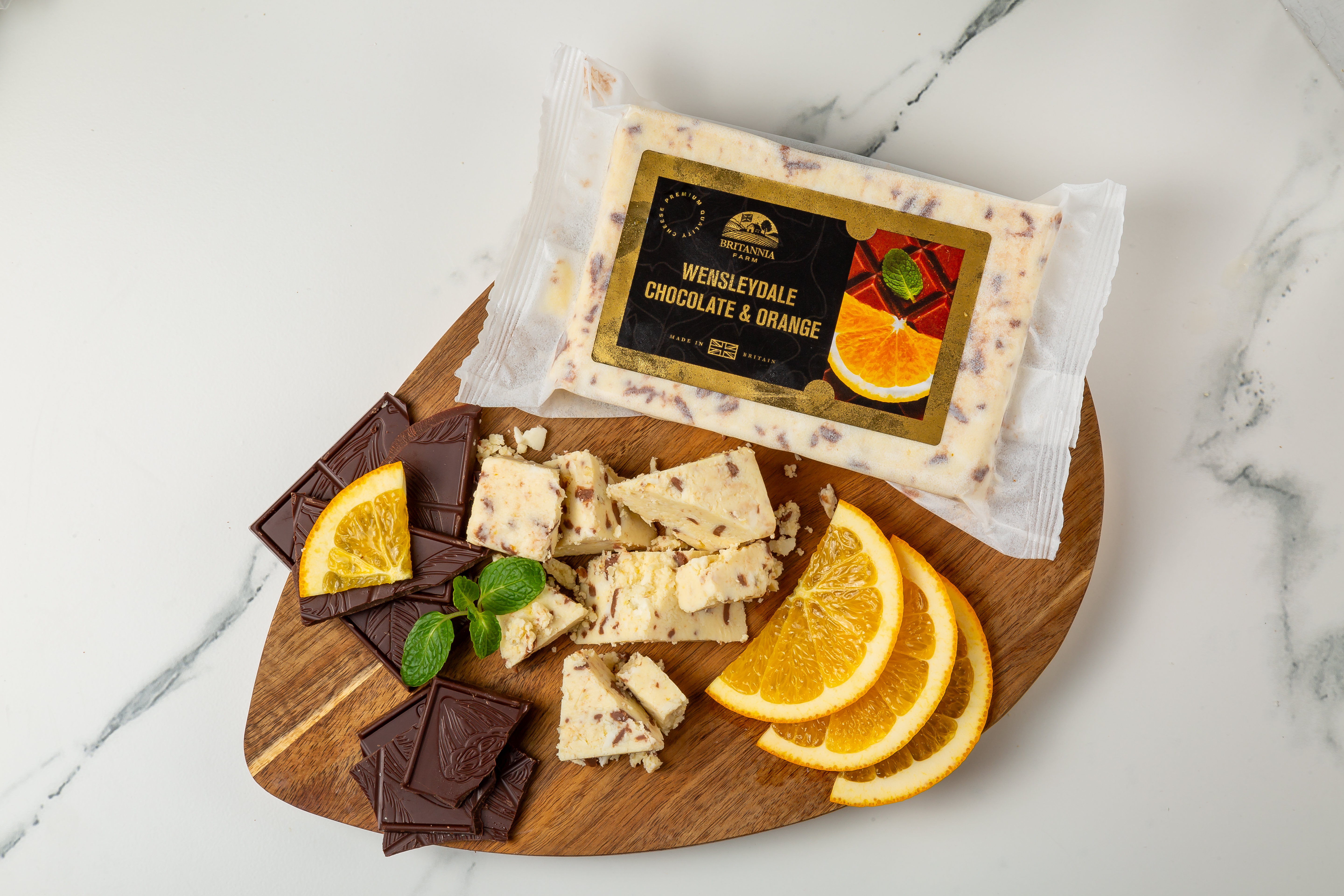 Wensleydale Chocolate & Orange cheese with cocoa flakes and citrus pieces